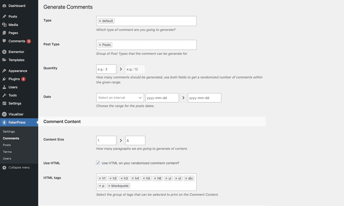 O painel de controle do WordPress mostrando a página Generate Comments do plugin FakerPress. A página contém vários campos para configurar a geração de comentários, incluindo tipo, tipo de post, quantidade, intervalo de datas, tamanho do conteúdo e opções de HTML. Na barra lateral esquerda, exibe-se o menu padrão de administração do WordPress.