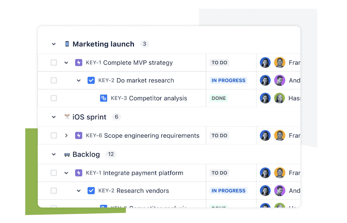 A interface de gerenciamento de projetos do Jira exibindo um quadro de tarefas com três seções principais: Lançamento de Marketing, Sprint do iOS e Backlog. Cada seção contém tarefas com seus status (A Fazer, Em Progresso, Concluído) e membros da equipe atribuídos, representados por fotos de perfil circulares. O quadro demonstra uma abordagem estruturada para organizar e rastrear tarefas de projetos.