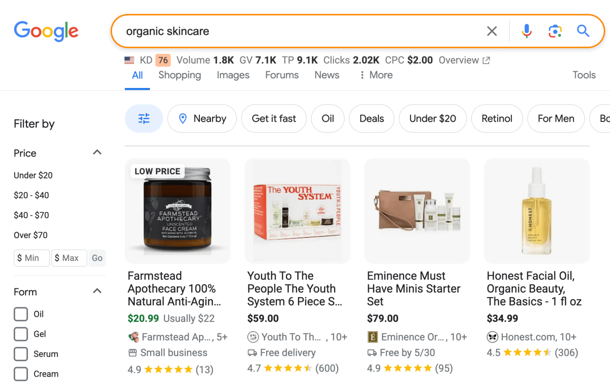 Google SERP für organic skincare