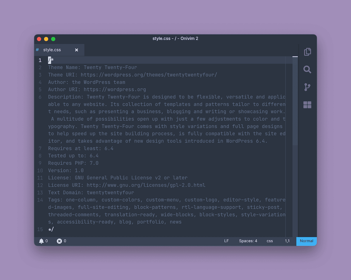 Uma janela do editor de código exibindo o arquivo style.css do tema WordPress Twenty Twenty-Four. A janela tem um fundo escuro com texto claro mostrando informações sobre o tema, como o nome, o autor, a descrição e vários recursos e tags do tema.
