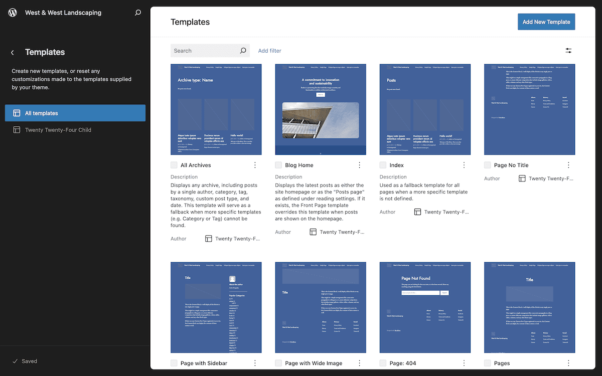 A interface do Editor de Sites do WordPress exibindo a página Templates. Ela mostra uma grade de miniaturas de templates, incluindo Todos os Arquivos, Página Inicial do Blog, Índice e outros templates de página. Cada miniatura exibe uma pré-visualização em estilo wireframe azul do layout do template.
