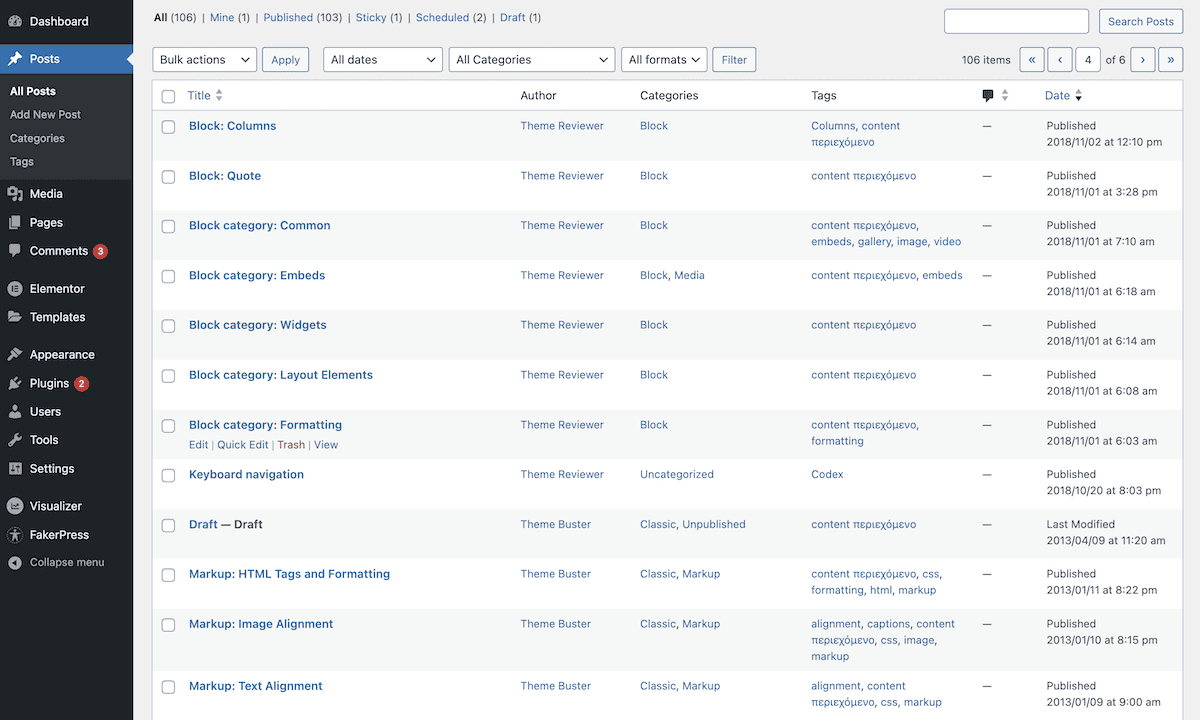 O painel de controle do WordPress exibindo a tela de Artigos. A interface mostra uma tabela listando vários artigos do blog com colunas para título, autor, categorias, tags e data de publicação. A barra lateral à esquerda exibe as várias opções de navegação da área administrativa do WordPress.