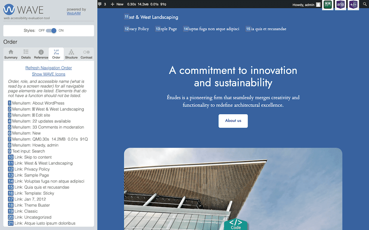 A interface da ferramenta de avaliação de acessibilidade web WAVE para um site WordPress. O painel esquerdo exibe informações de acessibilidade, com a aba Ordem selecionada. Ele lista os elementos da página na ordem de leitura. O painel direito exibe a página inicial do site.