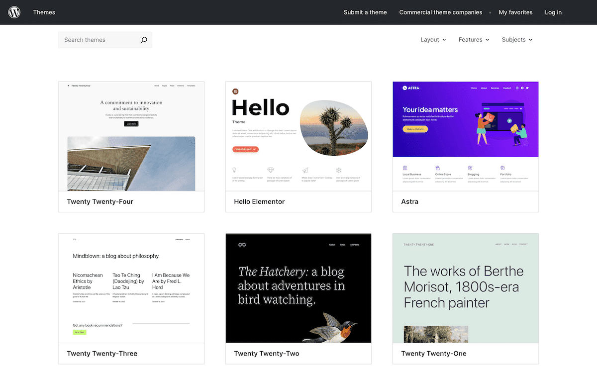 A página principal do Diretório de Temas do WordPress. Ela exibe uma grade de pré-visualizações de temas, incluindo Twenty Twenty-Four, Hello Theme do Elementor e Astra. Cada pré-visualização de tema mostra uma miniatura do design do tema e seu nome. O cabeçalho da página inclui opções para enviar um tema, visualizar empresas de temas comerciais e fazer login.