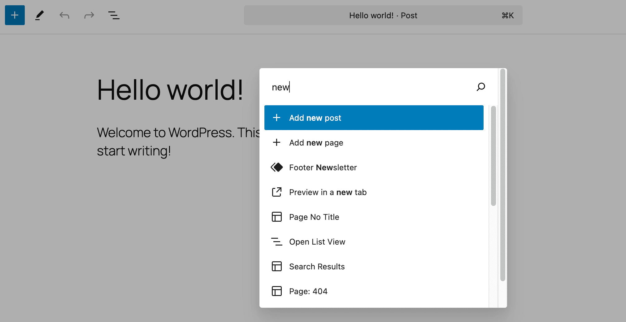 Screenshot der WordPress-Befehlspalette mit den Einträgen zum Erstellen von Beiträgen und Seiten.