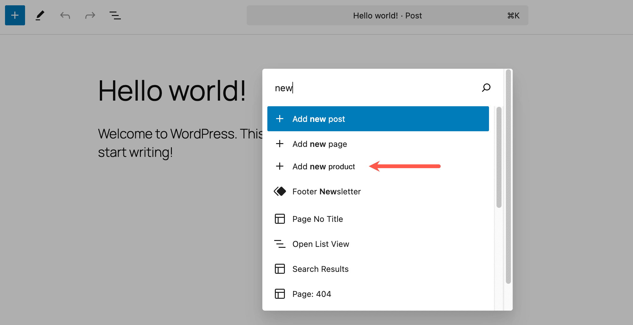 Ein Screenshot der WordPress-Befehlspalette zeigt, dass „Neues Produkt hinzufügen“ hinzugefügt wurde.