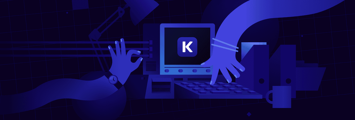 The DevKinsta home page logo showing a dark blue monochromatic illustration with hands reaching toward a computer monitor displaying the letter