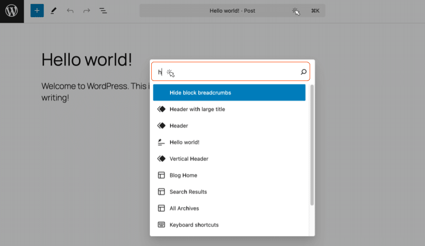 Screenshot, der die WordPress-Befehlspalette mit hervorgehobenem Suchfeld zeigt.
