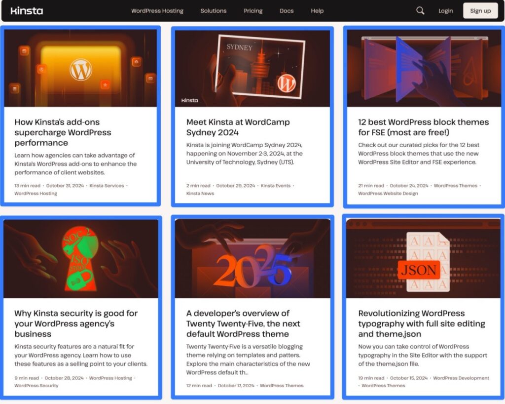 Ein Beispiel für die WordPress-Schleife, die die Auflistungsseite des Kinsta-Blogs anzeigt