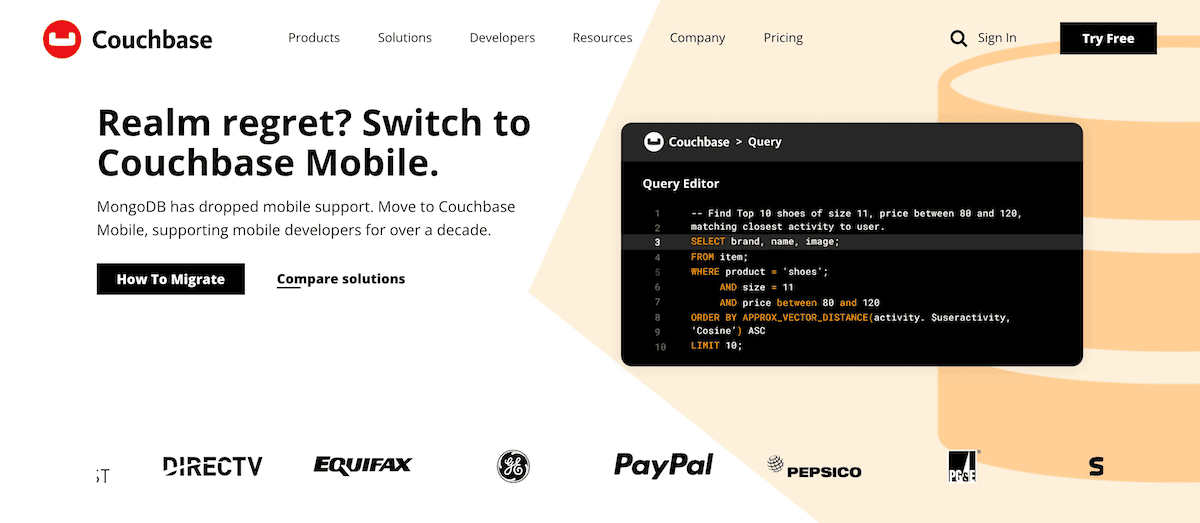 La landing page di Couchbase mostra una campagna di marketing rivolta agli utenti di MongoDB, con il titolo Realm regret? Passa a Couchbase Mobile. Sul lato destro dello schermo viene visualizzato un editor di codice che mostra un esempio di query SQL per la ricerca di scarpe. Nella parte inferiore della pagina sono visualizzati i loghi di importanti aziende, tra cui DirectTV, Equifax, GE, PayPal e PepsiCo.