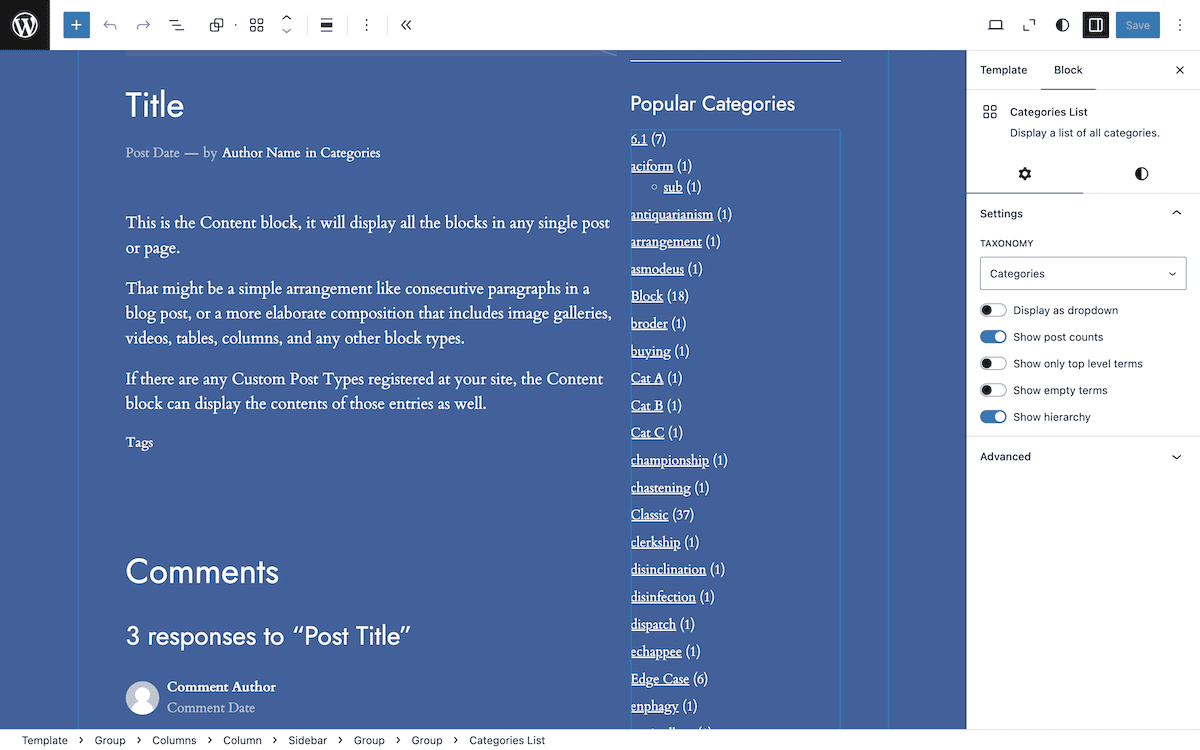 L'interfaccia dell'editor del sito WordPress mostra un template di post con una sezione di titolo, un'area di byline dell'autore e una spiegazione del blocco di contenuto. Sul lato destro è presente un elenco di categorie popolari che mostra vari termini della tassonomia con il conteggio dei post tra parentesi. L'interfaccia include le impostazioni per la visualizzazione delle categorie come menu a discesa, la visualizzazione dei conteggi dei post e le opzioni di gerarchia.