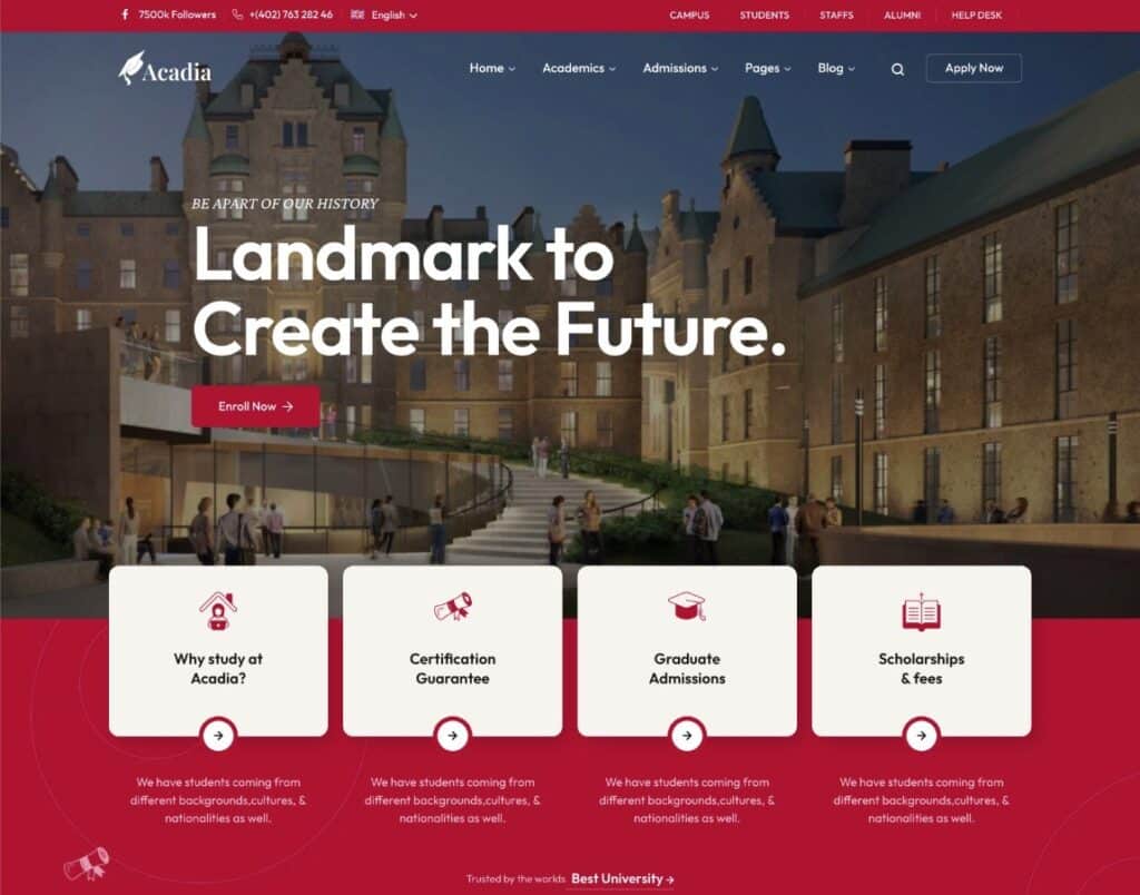 Le thème WordPress Acadia pour les universités.