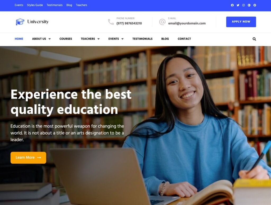 L'un des sites de démarrage d'université du thème Education Zone Pro.