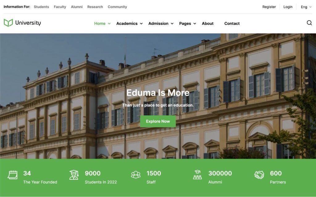 L'un des sites de démarrage axés sur l'université dans le thème Eduma.