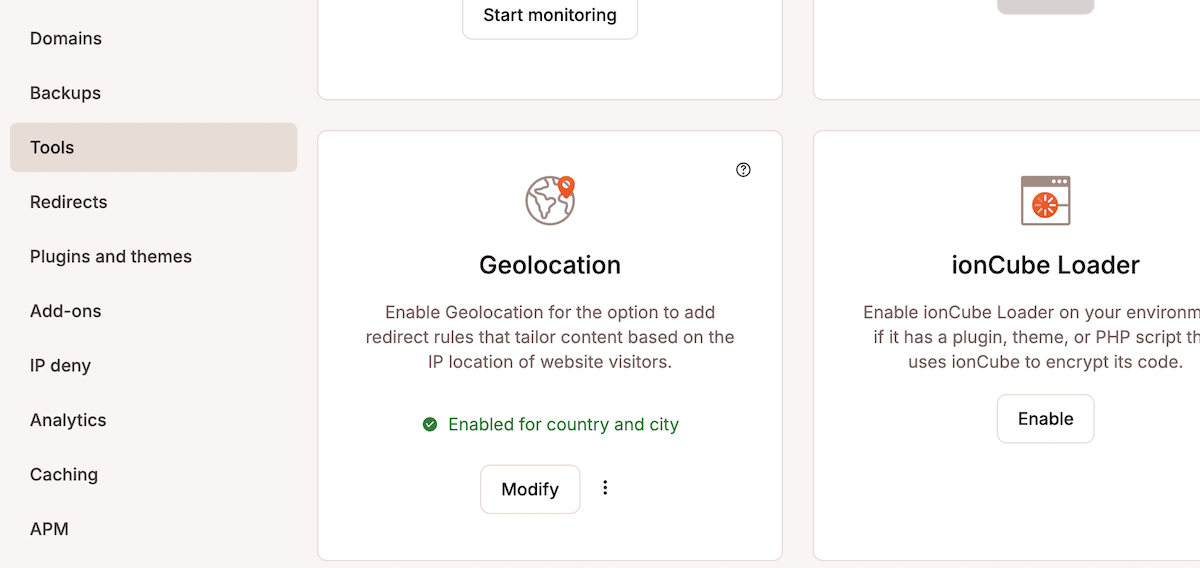 The MyKinsta dashboard Tool screen with a sidebar menu containing options such as Domains, Backups, Tools, and Analytics. The main content area shows a Geolocation feature card with a globe icon, explaining that it enables redirect rules based on visitors' IP locations. The status indicates it is