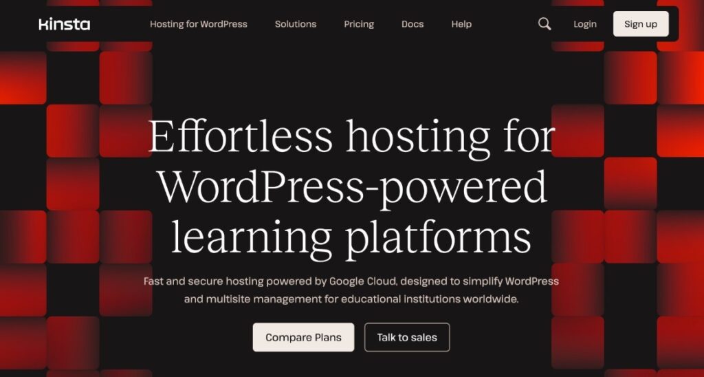 Page d'accueil de l'hébergement WordPress pour l'éducation de Kinsta