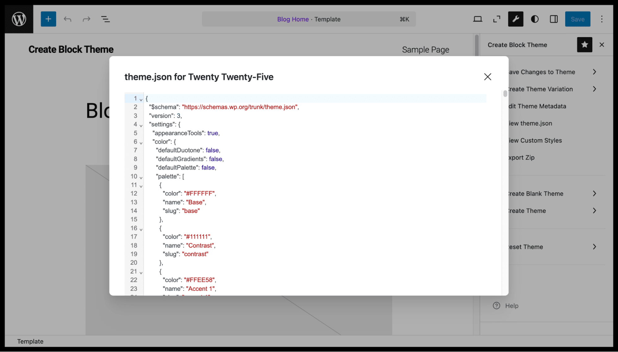 Visualização somente de leitura do theme.json