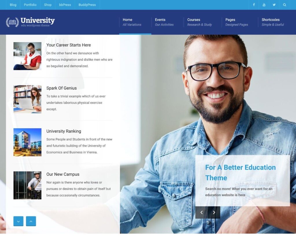 Un des sites de démarrage pour le thème WordPress Université.