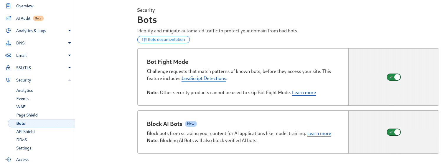 Cloudflare Bot Fight Mode inschakelen om kwaadaardige bots te blokkeren.