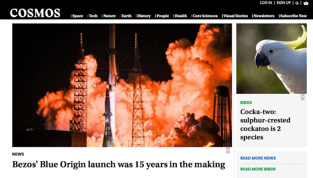 Screenshot von der Website des Cosmos Magazine.