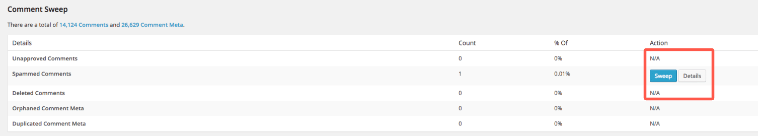 Een gedeelte van de WP-Sweep-plugin in het WordPress-dashboard met opties om spam en niet-goedgekeurde reacties te verwijderen.