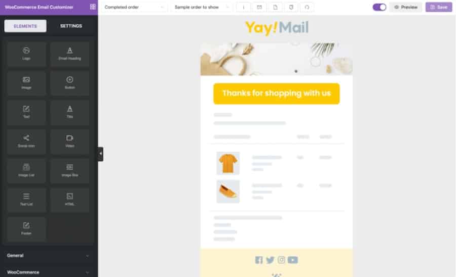 Ein Screenshot der Benutzeroberfläche, die von der Erweiterung „Email Customizer for WooCommerce“ bereitgestellt wird.