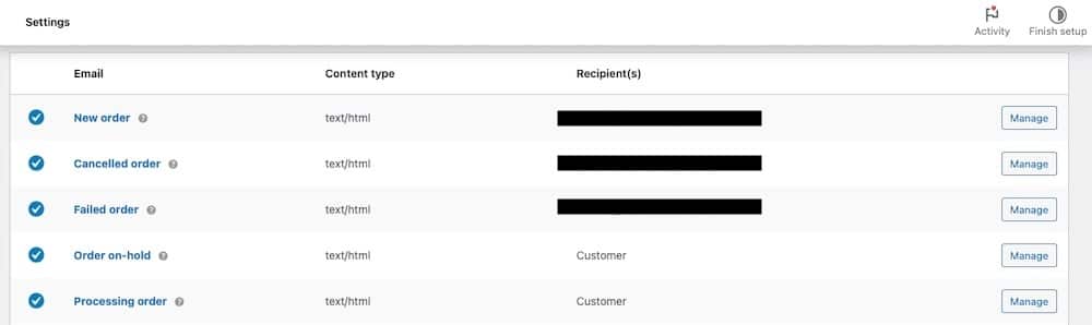 Ein Screenshot, der eine Liste der E-Mail-Typen im Einstellungsfeld von WooCommerce zeigt.