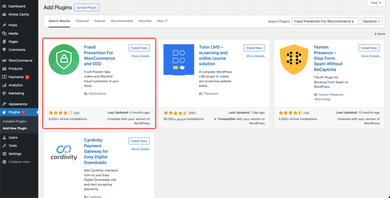 De Fraud Prevention for WooCommerce plugin installeren.