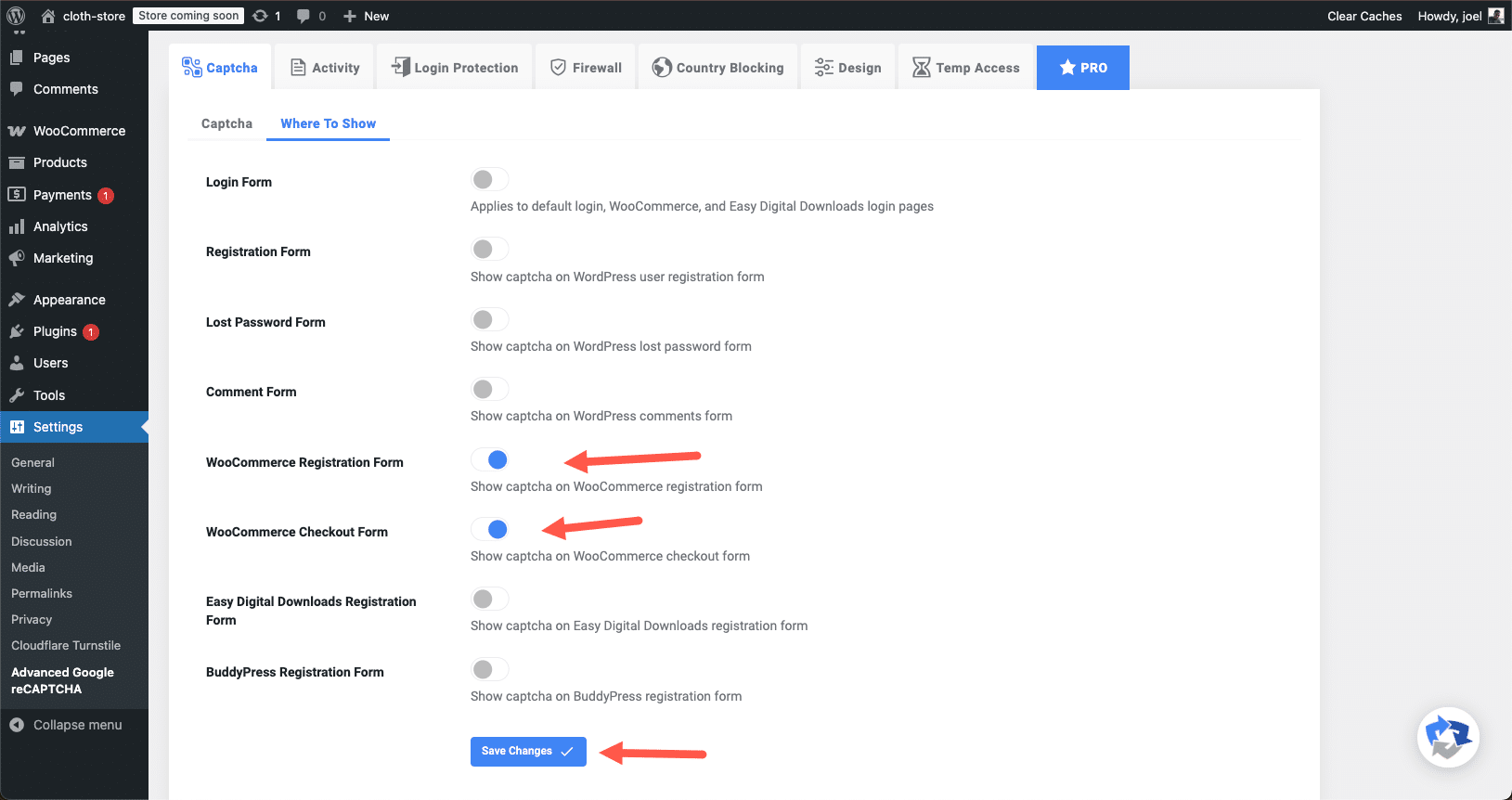 Google reCAPTCHA inschakelen op WooCommerce afreken- en registratieformulieren.