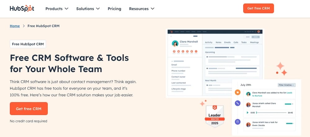 Una schermata del sito web di HubSpot CRM.