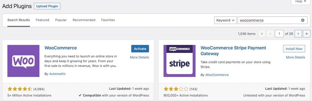 Installiere das WooCommerce-Plugin im WordPress-Admin-Dashboard.
