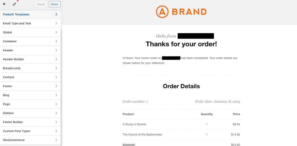 Screenshot der Vorlagenauswahl im Kadence WooCommerce E-Mail-Designer-Plugin.
