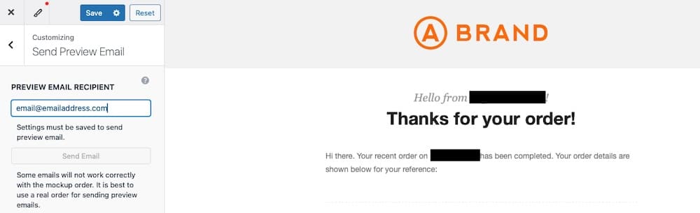 Screenshot der Benutzeroberfläche für die Vorschau von E-Mails und das Senden eines Tests im Kadence WooCommerce E-Mail-Designer-Plugin.