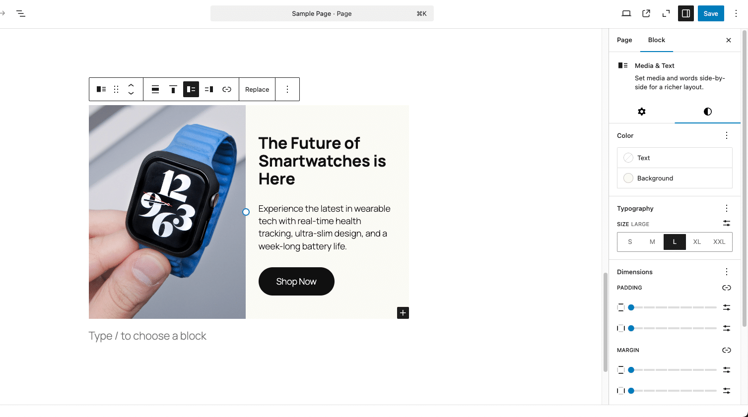 WordPress Media & Text blok zonder Duotone ondersteuning.