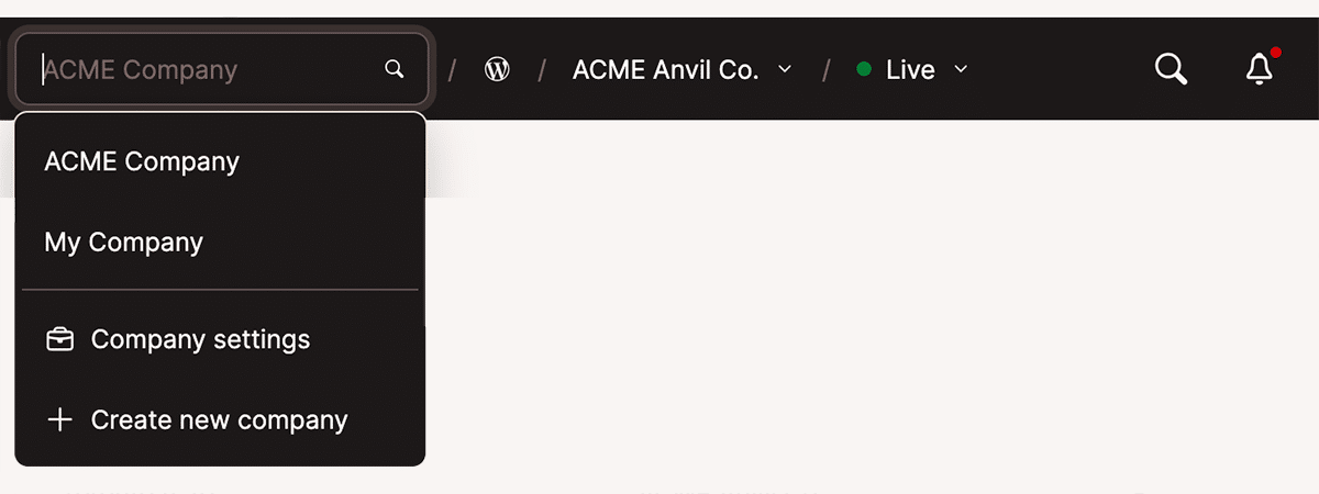 Captura de tela do menu superior do MyKinsta com o menu suspenso Empresa ativado.