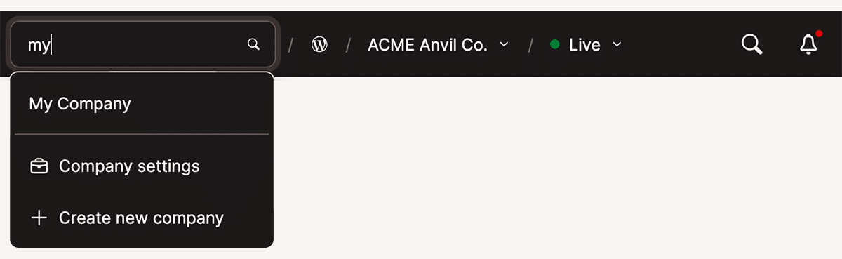 Captura de tela do menu superior do MyKinsta com o menu suspenso Empresa ativo e uma busca por empresa em andamento.