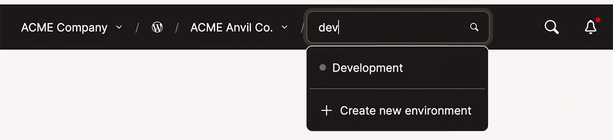 Captura de tela do menu superior do MyKinsta com o menu suspenso de Ambientes ativado e uma pesquisa em andamento.