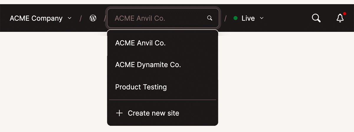 Captura de tela do menu superior do MyKinsta com o menu suspenso Sites ativado.