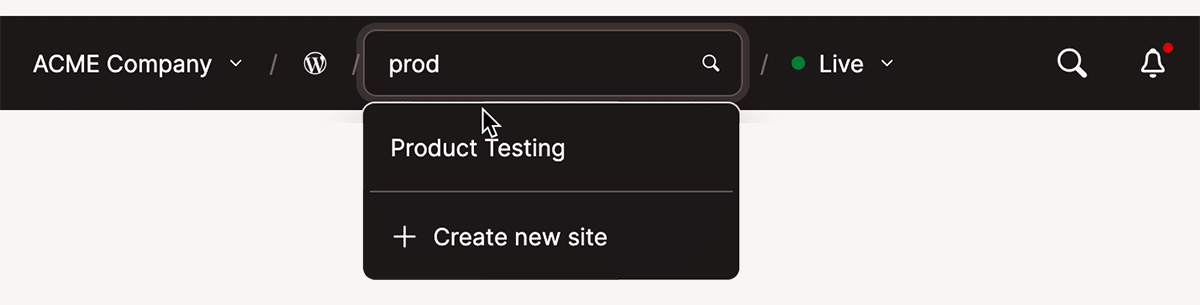Captura de tela do menu superior do MyKinsta com o menu suspenso Sites ativado e uma busca iniciada.