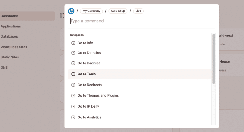 Befehlsdialog für die Omni-search-Navigation