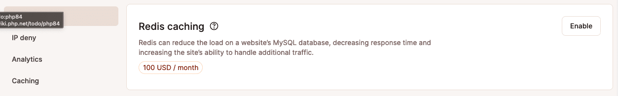 Una schermata che mostra la voce cache di Redis tra i componenti aggiuntivi disponibili nella dashboard di MyKinsta.
