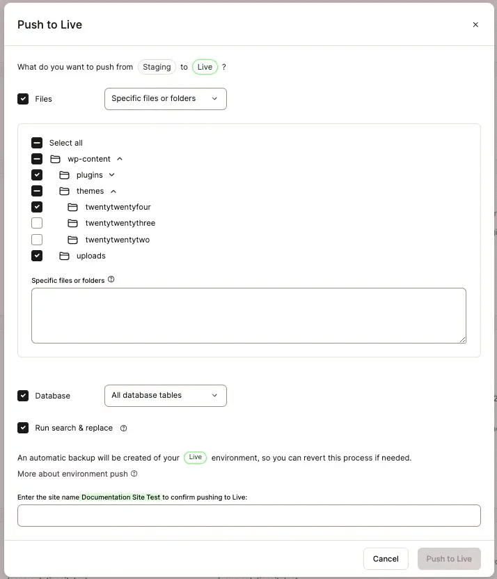 Selektiver Push von der Staging- zur Live-Umgebung