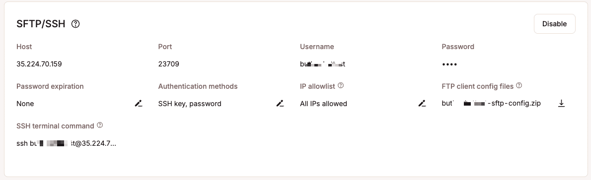 Anzeigen und Verwalten von SFTP/SSH-Optionen und Anmeldeinformationen in MyKinsta