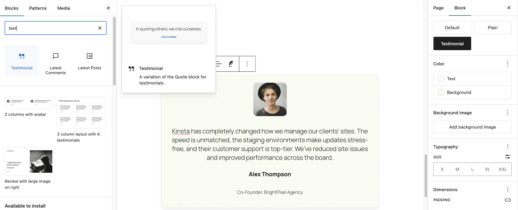 Testimonial blok variatie in WordPress.