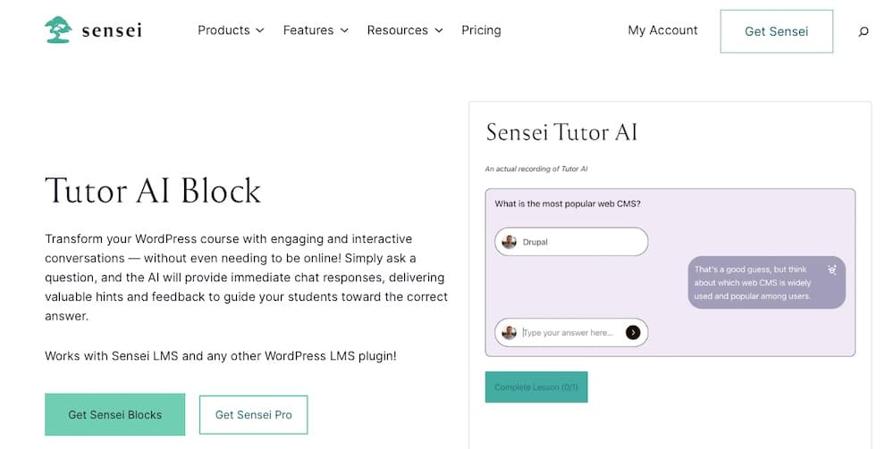 Una schermata che evidenzia il blocco Tutor IA in Sensei LMS.