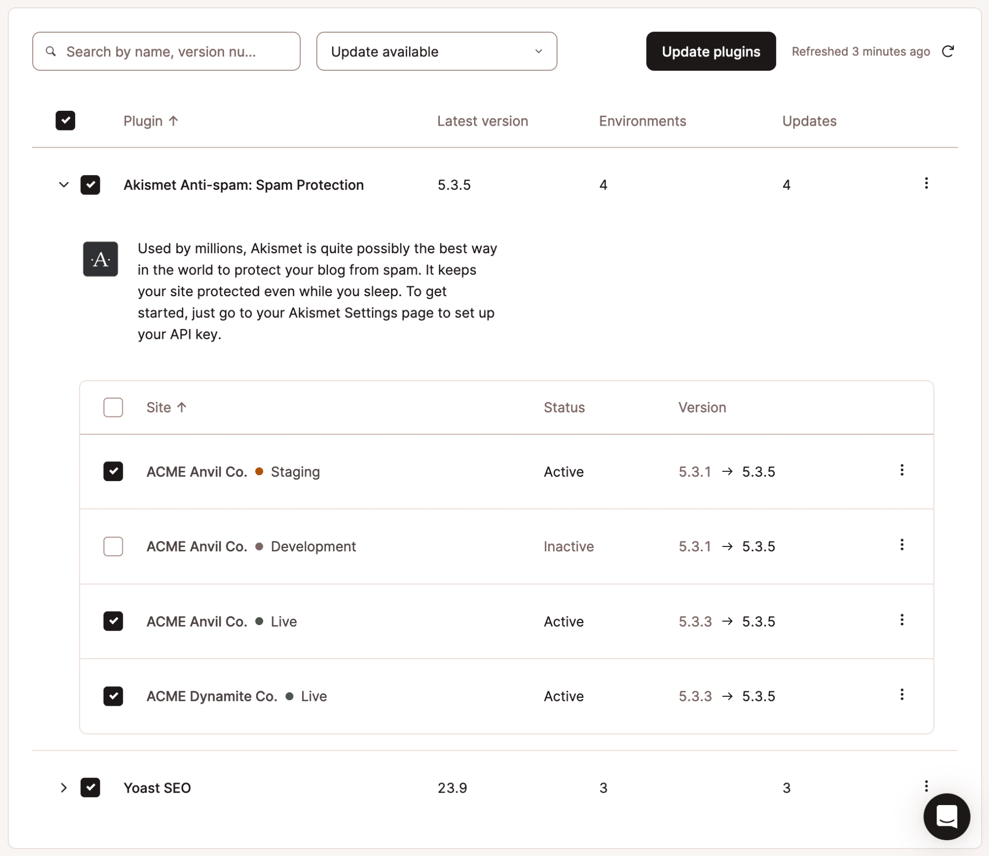 Aktualisiere Plugins und Themes für mehrere WordPress-Websites in MyKinsta