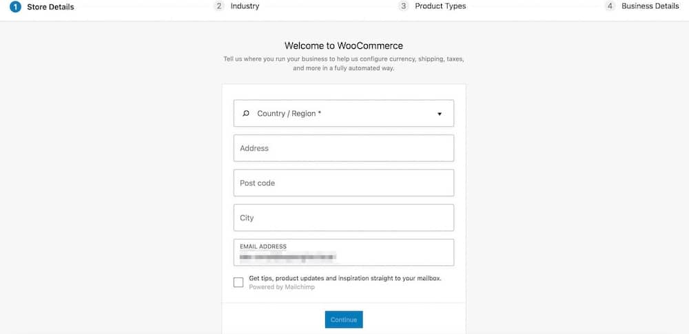 Ein Screenshot des WooCommerce-Einrichtungsassistenten in Aktion.
