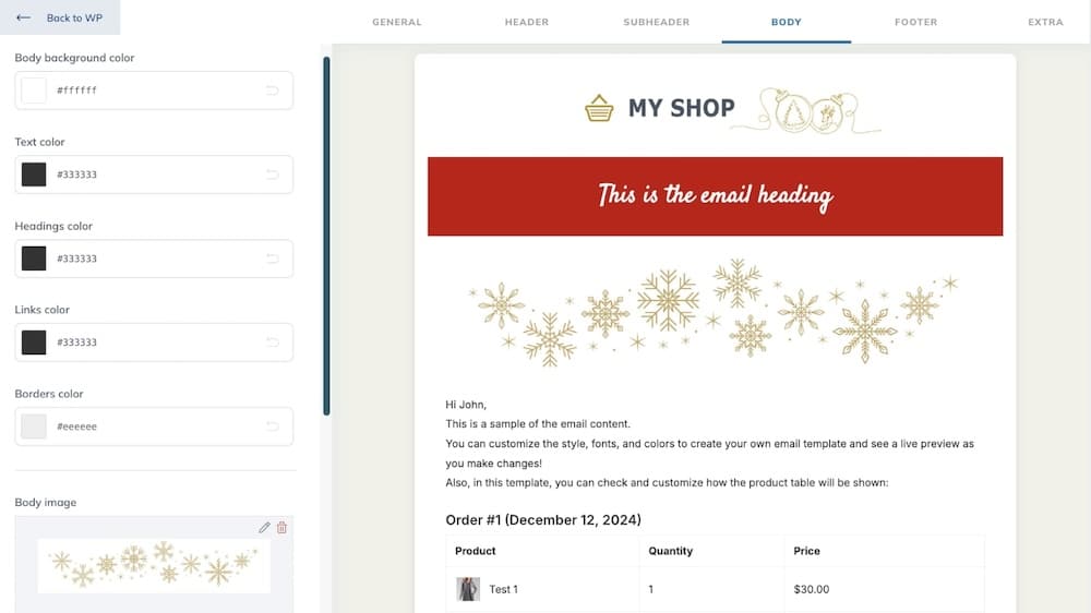 Screenshot der Benutzeroberfläche, die vom YITH WooCommerce Email Templates-Plugin bereitgestellt wird.