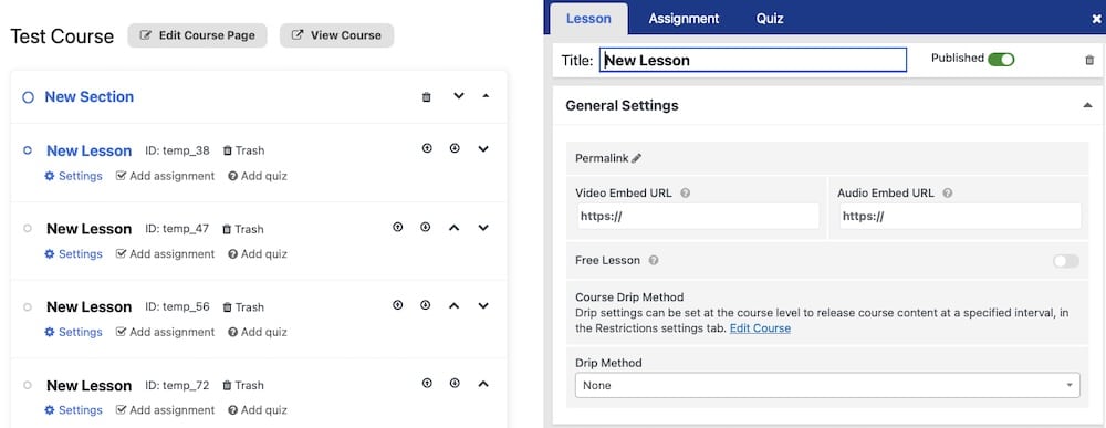 Una schermata della finestra di dialogo per l'aggiunta di una nuova lezione all'interno del plugin LifterLMS WordPress per la formazione.