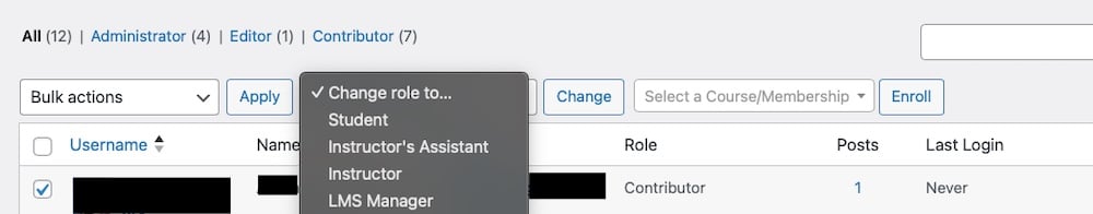 Una schermata dell'interfaccia per l'assegnazione dei ruoli utente in WordPress dopo l'installazione di LifterLMS.